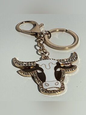Gold-Tone Brown and White Cow Pendant Keychain with Rhinestones